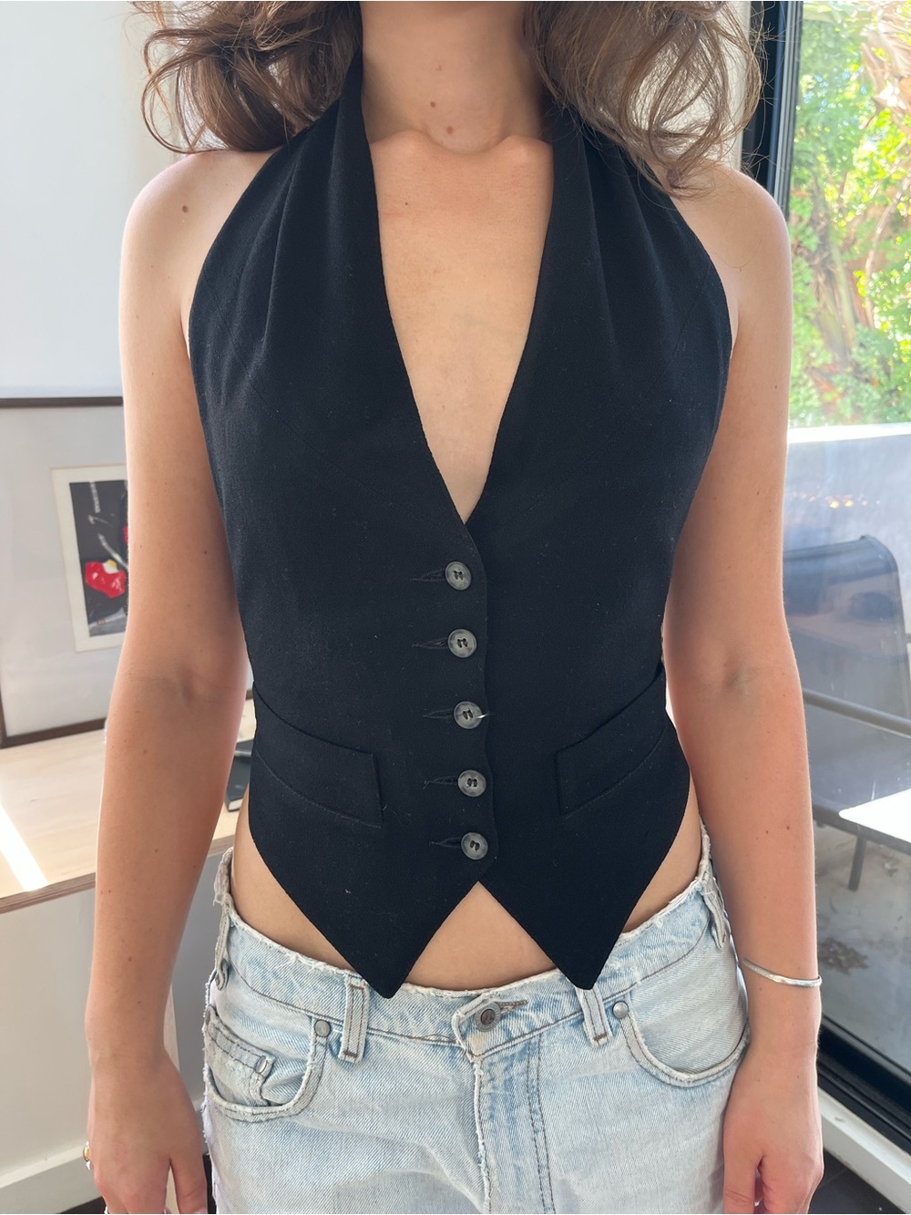 Vintage bebe Women’s Black Halter Deep V Backless Button Front Vest Top Size S